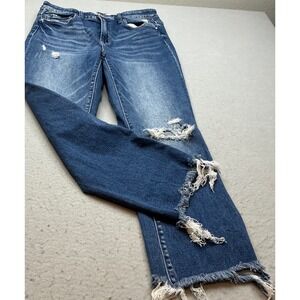 Mica Denim Distressed Cropped Jeans Raw Hem Medium Wash Blue Womens 29